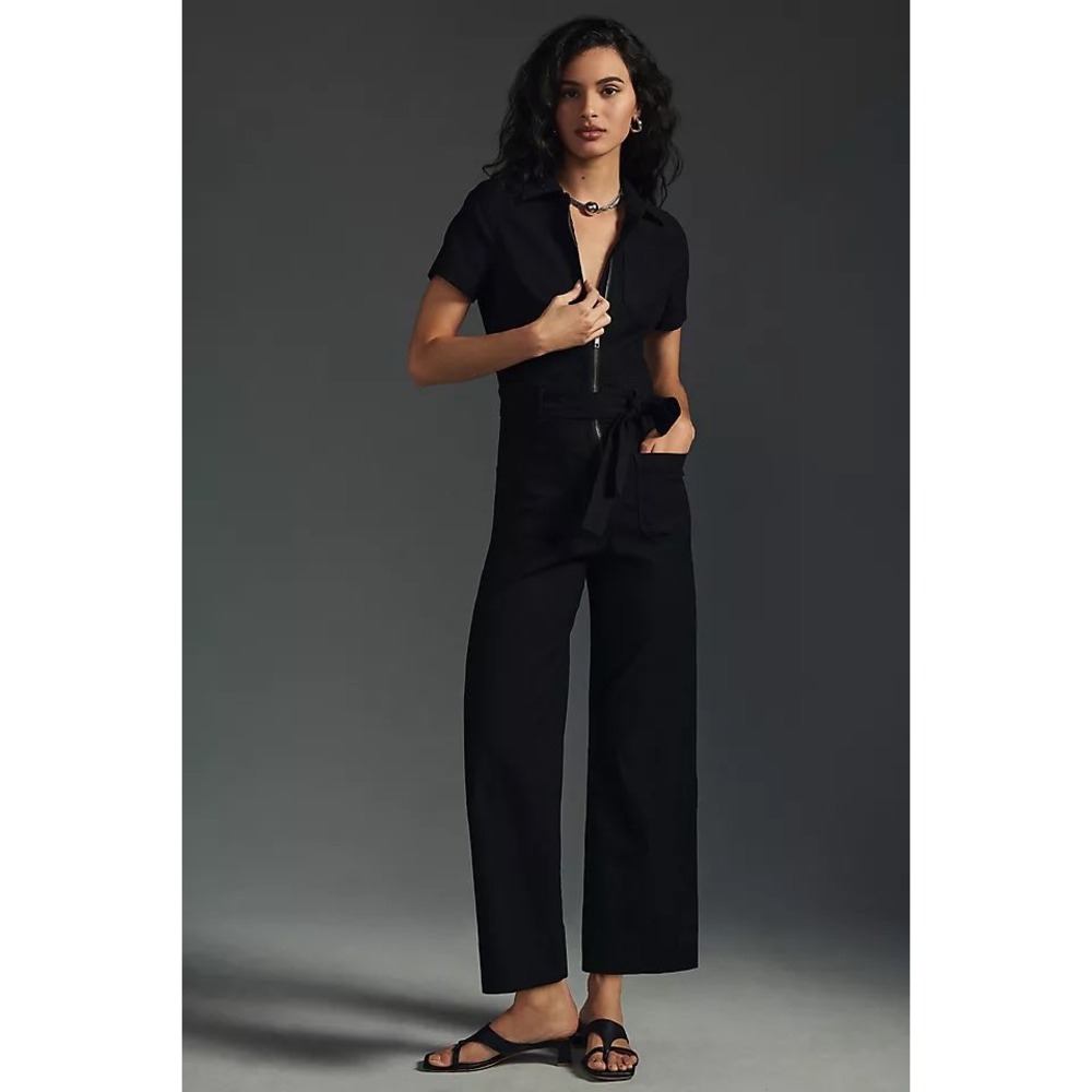Anthropologie Maeve The Colette Black Zip Front Wide Leg Jumpsuit Size 6